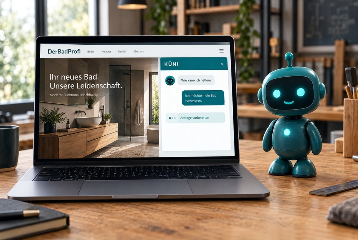 KI-Symbolbild: KÜNI neben einer Website mit geöffnetem Anfrage-Chat.