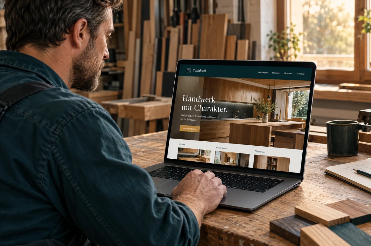 KI-Symbolbild: Ein Handwerker sieht sich seine Website auf einem Laptop an.